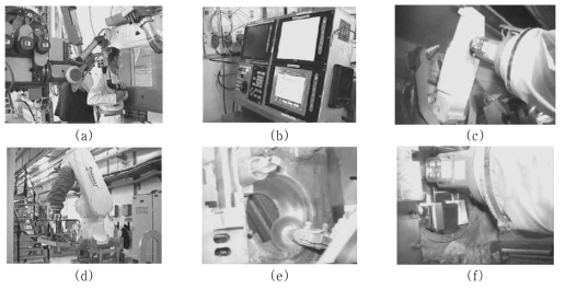 Maintenance of the dissolver wheel in progress: (a) operator using the MA23/RX170 remote handling system; (b) supervisory control station; (c) taking the roller’s key out; (d) RX170 robot before introduction into the cell; (e) brushing the roller’s housing; and (f) insertion of a new roller