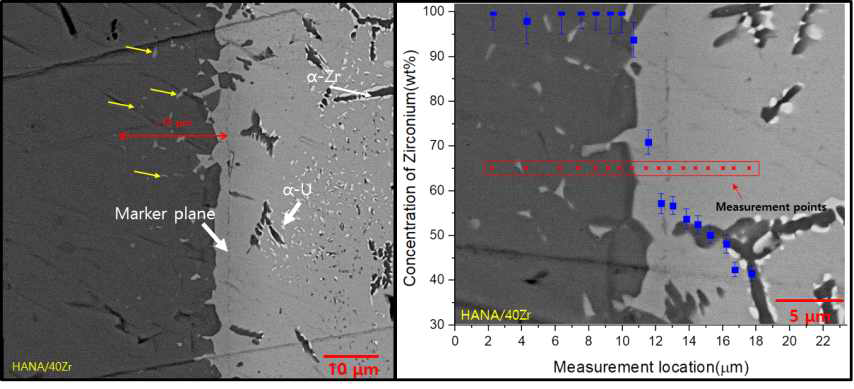 U-40Zr/HANA-6 반응층 BSE 이미지(좌), 반응층 주변 EDS 측정 결과(우)