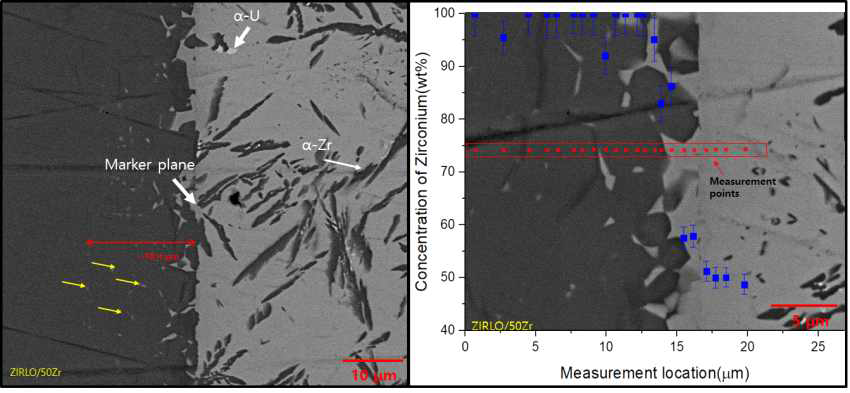 U-50Zr/ZIRLO 반응층 BSE 이미지(좌), 반응층 주변 EDS 측정 결과(우)