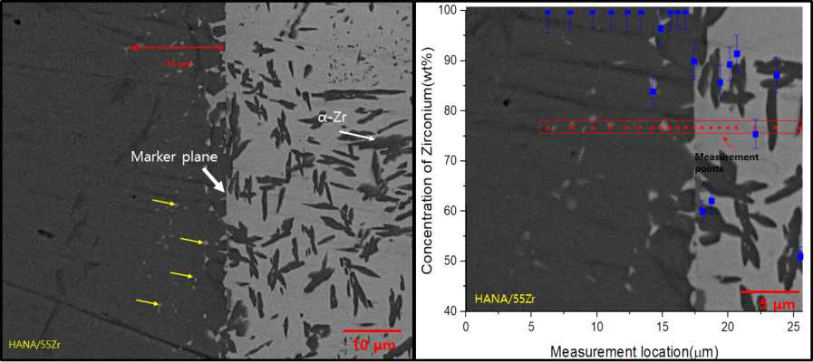 U-55Zr/HANA-6 반응층 BSE 이미지(좌), 반응층 주변 EDS 측정 결과(우)