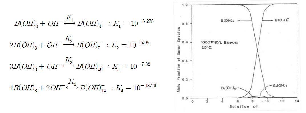 평형관계식 및 수용액 상에서의 pH에 따른 붕산 화학종 분배상태