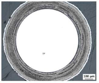 삼중피복 코팅 유량 계산 실험식으로 계산된 유량조건으로 제조한 0.7 mm WC TRISO 입자의 단면 이미지