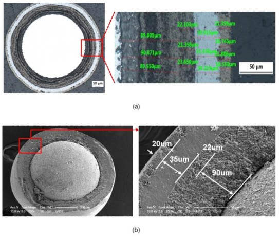 최적화된 유량조건으로 제조한 0.7 mm WC TRISO 입자의 단면 이미지 (a) OM, (b) SEM