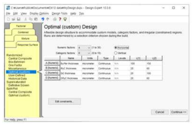 Design-Expert®의 Optimal (custom) 설계