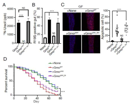 Pathobiont의 NH효소 활성이 colitogenic factor로 작용하여 장내 질병 유발과 숙주의 생존율 저하를 일으킴