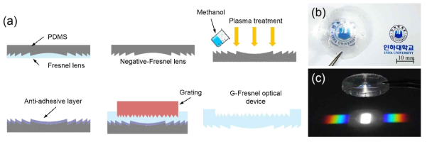 (a) G-프레넬 렌즈 제작과정, (b) 사진, (c)분광 이미지