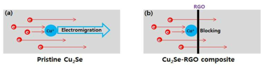 (a) Cu2Se에서 electromigration에 의한 물질이동 및 (b) Cu2Se-RGO 복합체에서 RGO의 blocking에 의한 물질이동 억제 mechanism을 보여주는 모식도