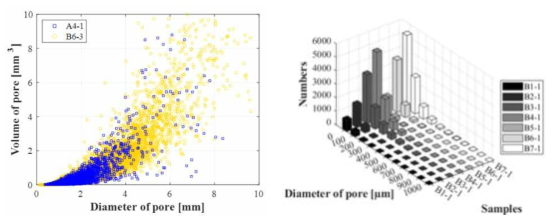 (좌)내부 공극 체적 및 공극 크기 상관관계(예); (우)공극 크기에 따른 공극 개수 관계