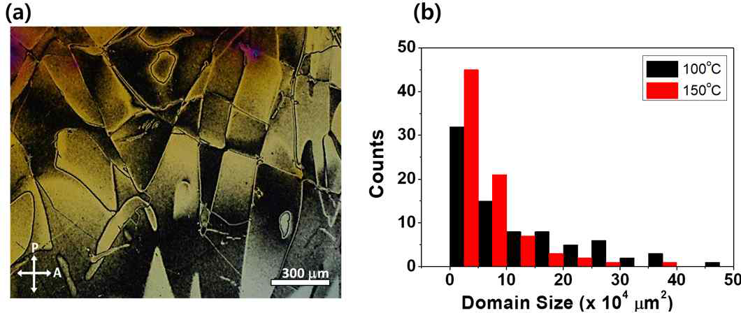 (a) 100℃에서 성장한 그래핀의 도메인 크기. (b) 100,150℃에서 성장한 그래핀의 사이즈 분포