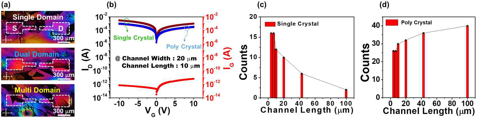 Single-crystal 과 Poly-crystal FET의 (a) POM image. (b) I-V 특성. Channel length에 따른 (c) Single-crystal FET 소자의 수. (d) Poly-crystal FET 소자의 수