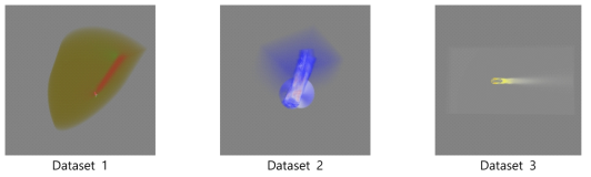 실험에 사용된 세 가지 벤치마크 데이터의 볼륨렌더링 이미지