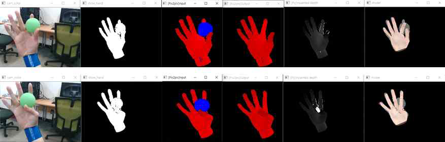 실시간 동작 결과 캡처 (좌측부터 RGB, Depth, Inpainting network input, network output, inpainted depth, estimated model pose)