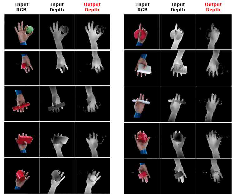 Self object-hand dataset에 대한 depth inpaint 정성 평가(총 10종류의 물체)