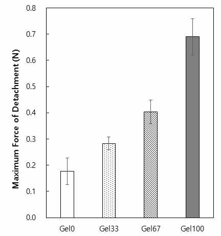 Maximum force of detachment of P(AA-co-GelMA) hydrogels having various AA and GelMA compositions