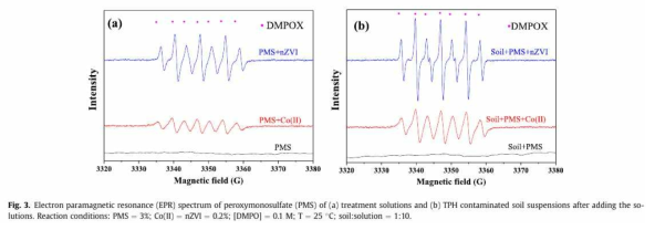 NZVI가 peroxymonosulfate(PMS)를 활성화시켜 반응성 라디칼(ROS)을 형성함을 electron paramagnetic resonance spectroscopy로 확인