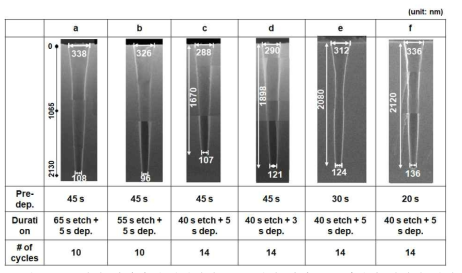 선증착층 형성 시간과 순환식각의 증착/식각 시간을 조절하여 형성한 식각구조