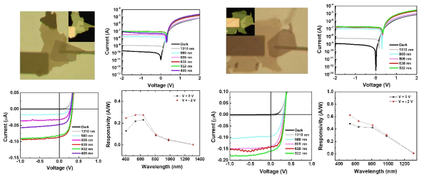 MoTe2/MoS2 신뢰성 확인 (소자 이미지, 광전류-전압 및 광응답 특성)