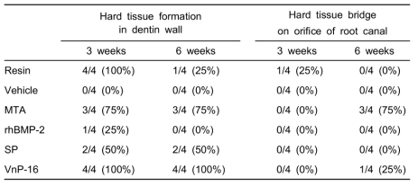 The number of specimens that form hard tissue in root dentin wall and hard tissue bridge on orifice of root canal in rat pulpotomy model