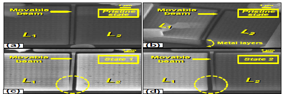 구현된 NEM memory switch pristine 상태의 (a) plan view와 (b) tilted view. (c) State 1과 (d) State 2 상태
