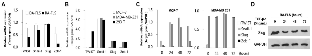 EMT and MET regulation in cell lines. (A,B) MET transcription factors mRNA expression in MCF-7,MDA-MB231, 293T and RA,OA FLS. (C,D) MET transcription factors expression in cell lines after TGF-β (5 ng/ml) treatment by time course