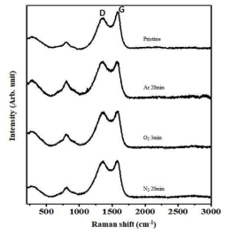 미처리 및 다양한 플라즈마 처리한 탄소섬유의 라만 스펙트라 (523 nm)