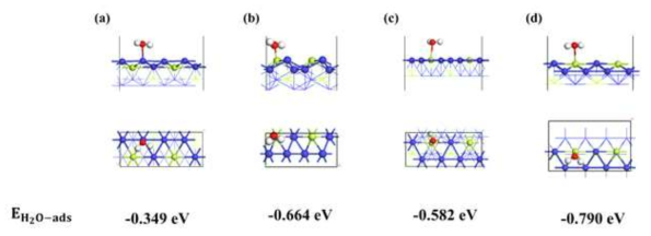 Ni3Mo의 각 면(a) (001), (b) (020), (c) (100), (d) (101)에 따른 물 흡착 구조 최적화. 흰색, 빨간색, 파란색, 녹색 구는 각각 수소, 산소, 니켈, 및 몰리브덴 원자를 의미