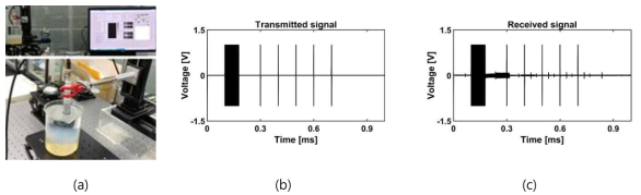 상용 초음파 센서 및 젤라틴 팬텀을 사용한 실험 환경 및 펄스-반향 실험: (a) 실험 세팅, (b) 인가된 송신 신호, (c) 수신 신호