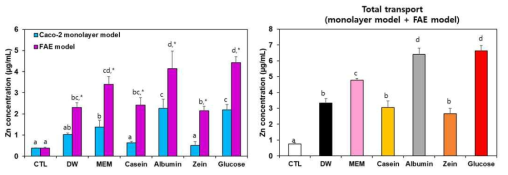 당 및 단백질 성분과의 상호작용에 따른 산화아연 나노물질의 유입기작(좌) 및 유입량(우)