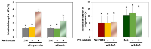 산화아연 나노물질과 기능성 성분의 상호작용에 따른 산화아연의 장내 흡수율(우) 및 기능성 성분의 장내 흡수율(좌)