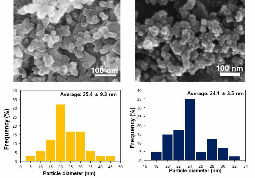 산화아연(좌) 및 이산화규소(우)의 SEM 이미지 및 입자크기 분포