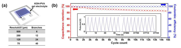 (a) KOH-PVA 겔 타입 고체 전해질을 이용한 전기화학 축전기의 구조 및 구조 제작에 이용된 탄소 소재의 분해능. (b) 5 mA/cm2의 전류 밀도에서 15,000회 연속 충/방전 사이클에 따른 고체 전해질이 사용된 전기화학 축전기의 정전 용량 유지 및 쿨롱 효율