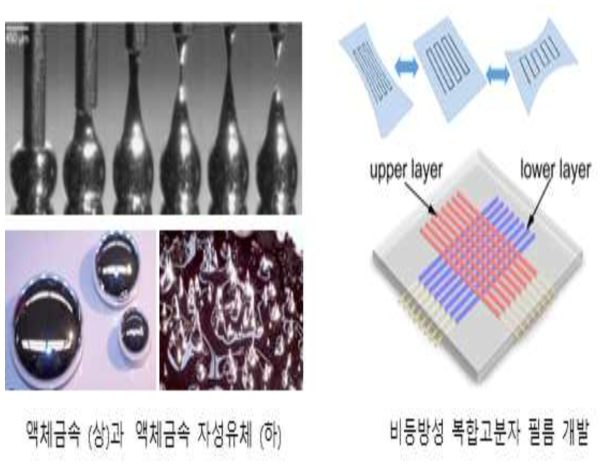 액체금속과 액체금속 자성유체 (좌), 그리고 액체금속 자성유체 와이어를 가지는 비등방성 복합 고분자 필름 (우)