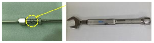 시편체결부 (좌)와 torque wrench (range : 100 ~ 500 kgf·cm)(우)