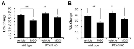 MGO-induced cardiac dysfunction in PTX-3 KO. EF% (A), FS% (B)