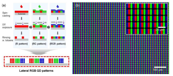 (a) 아지드 기반 광가교 방법의 연속 공정을 통한 다색 양자점 패턴 형성 scheme, (b) 실제 포토리소그래피 설비를 활용해 형성한 1400 p.p.i 이상의 RGB 양자점 화소의 형광 이미지