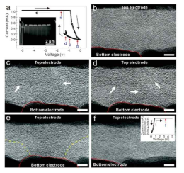 Nanofactory 홀더를 이용하여 관찰된 Pt/GO/Pt 소자에서 graphitic filament 생성 실시간 이미지