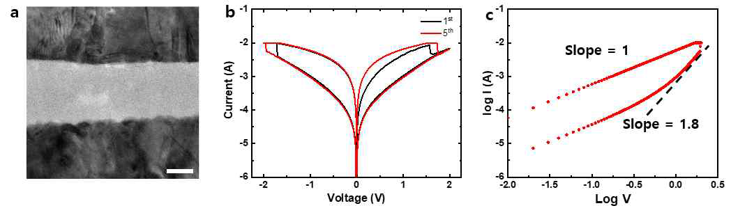 Pt/MoS2/Pt 소자의 실시간 전압 인가 특성 및 투과전자현미경 이미지