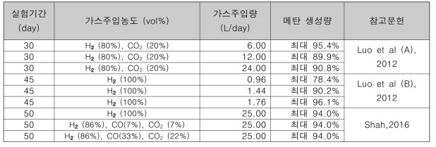 합성가스 주입에 따른 메탄 생성량