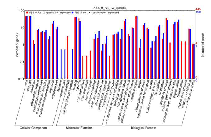 10% FBS 대비 5% SACCS (1X) 적응 세포주에서 차등 발현 유전자의 GO classification. Red bar: up-regulated gene, blue bar: down-regulated gene
