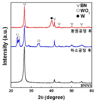 각 공정별(BNNS, WO3-BNNS, W-BNNS) XRD 상분석 결과