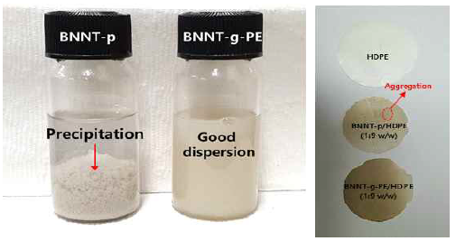 Xylene 용매 안에서 BNNT-P, BNNT-g-PE의 분산성 및 HDPE복합화 시트의 표면 사진