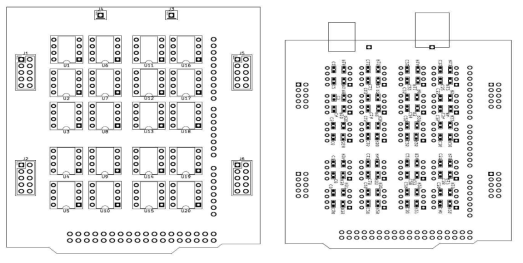 DMF 자동화를 위해 제작한 PCB 칩의 도면도. (왼쪽) 앞면, (오른쪽) 뒷면