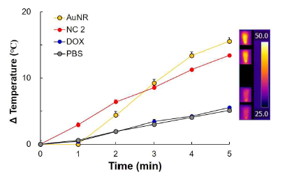 NIR 레이저 조사에 따른 온도 변화 (AuNR 1 μg/ml, 808 nm, 2.0 W/cm2)