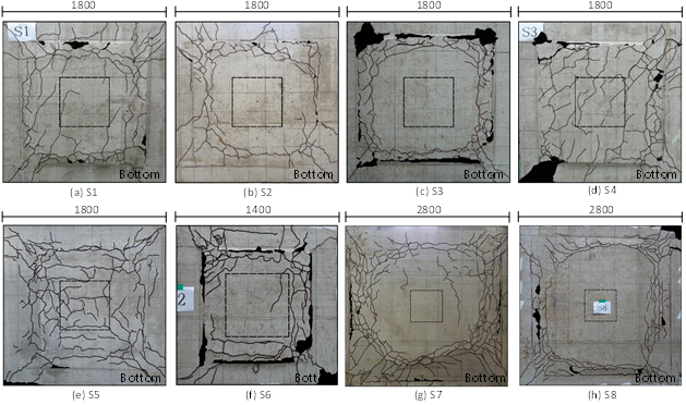 Failure modes of test specimens at the end of test (unit: mm)