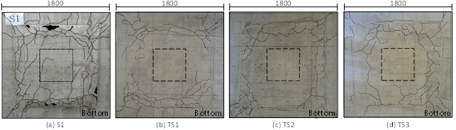 Failure modes of test specimens at the end of test (unit: mm)