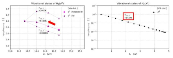 The measured and fitted vibrational distribution of the d state(left) and the corresponding ground vibrational distribution (right)