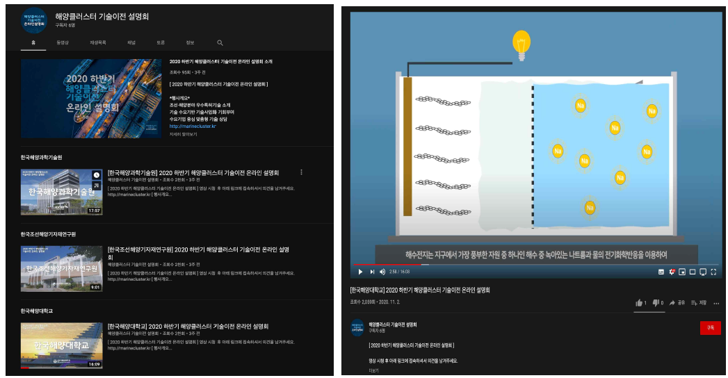 2020년 11월에 개최된 해양클러스터 기관연합 기술이전 온라인 설명회 Youtube 영상