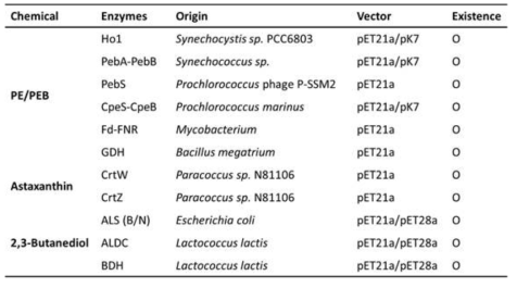 목적 산물 합성 관련 효소의 유전자 목록 및 확보 여부