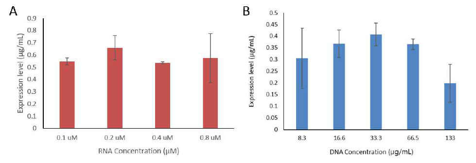 Synechocystis sp. PCC 6803 무세포 단백질 발현 시스템에서 발현량 (A) RNA 농도에 따른 발현량 변화 (B) DNA 농도에 따른 발현량 변화