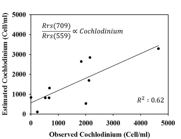 관측 값과 two band ratio을 이용한 산출된 Cochlodinum